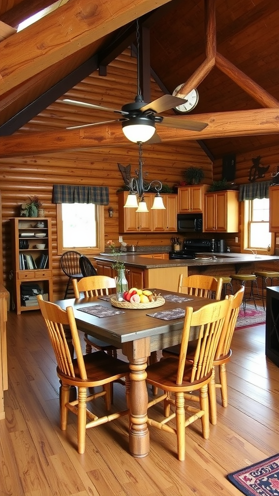 Cozy dining area in a log cabin kitchen with wooden table and chairs