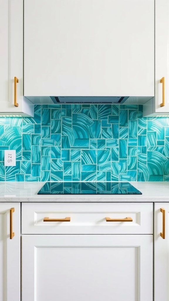 Iridescent teal glass backsplash in a modern kitchen with white cabinets.