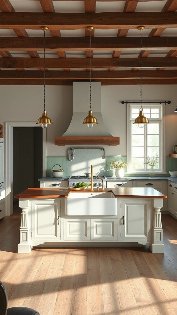 A stylish farmhouse kitchen island with a deep farmhouse sink, wooden countertop, and elegant cabinetry, illuminated by hanging pendant lights.