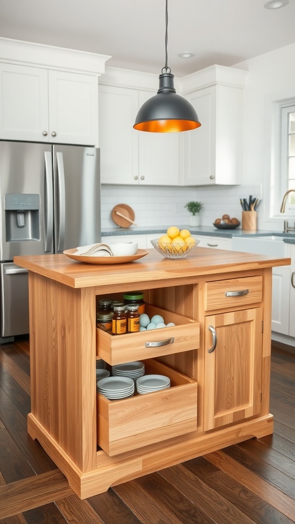 Wooden farmhouse kitchen island with hidden storage compartments and pendant light above