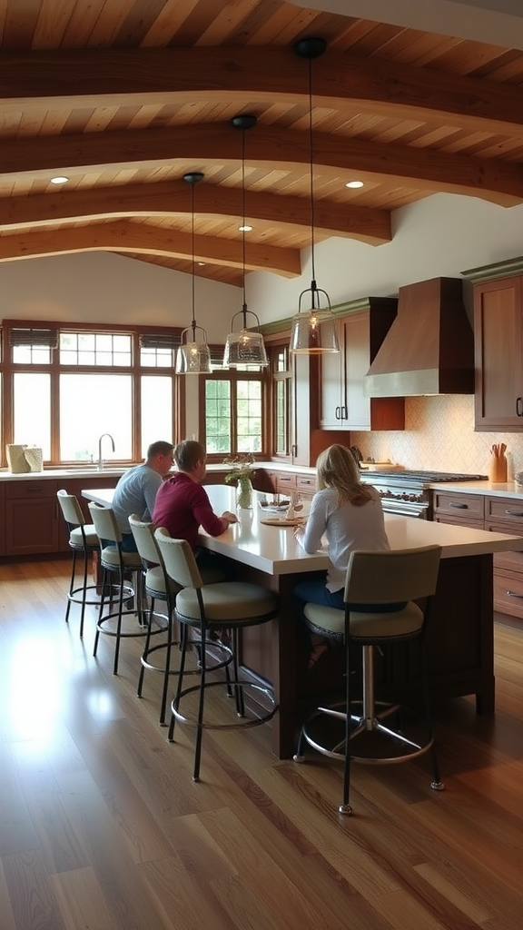 A cozy farmhouse kitchen featuring a large island with seating for the family, where a woman and child are engaged in an activity.