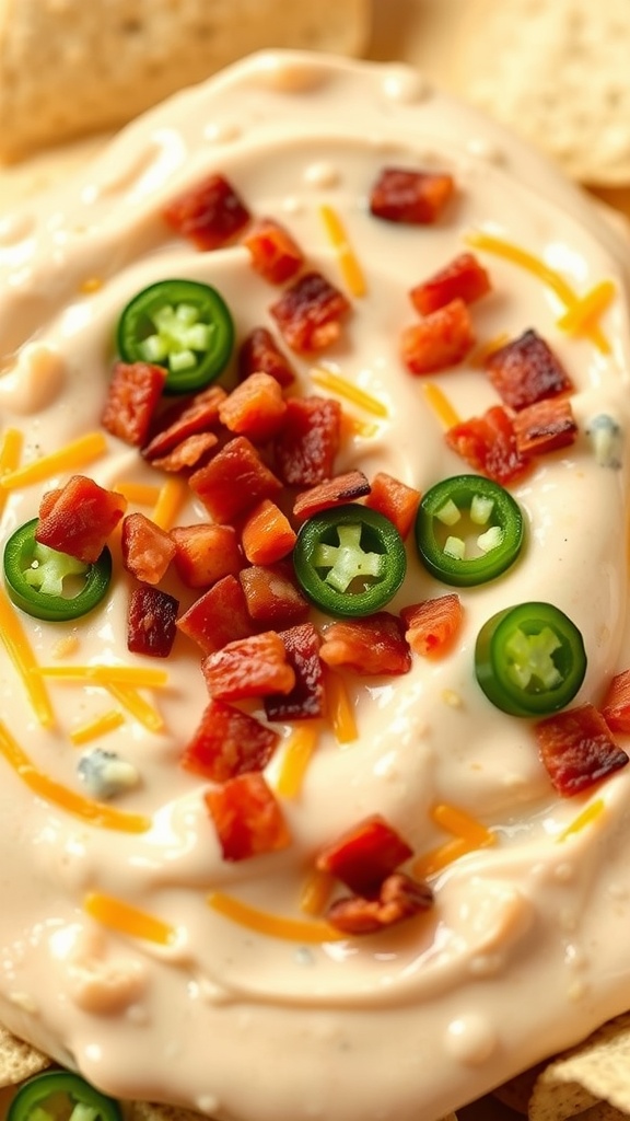 A creamy and cheesy jalapeno popper dip topped with jalapeno slices and crispy bacon bits, served with tortilla chips.