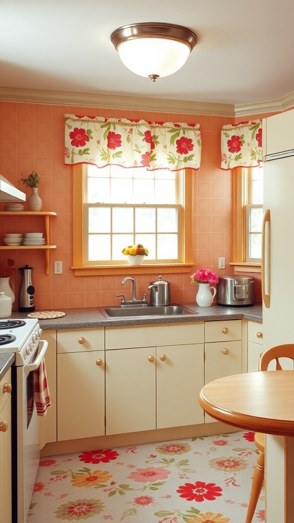 1950s kitchen with lattice style window treatments featuring floral valances