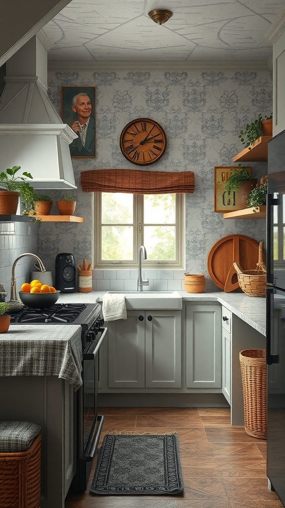 A modern kitchen with layered textures, featuring light cabinetry, marble surfaces, and warm wood accents.