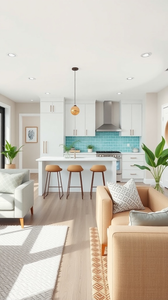 A modern kitchen featuring a light blue backsplash, white cabinets, and warm-toned seating.