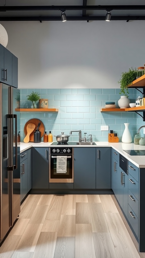 A modern kitchen featuring a light blue backsplash, dark cabinetry, wooden shelves, and stainless steel appliances.