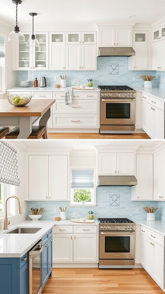 A kitchen featuring a light blue backsplash with modern and traditional design elements.