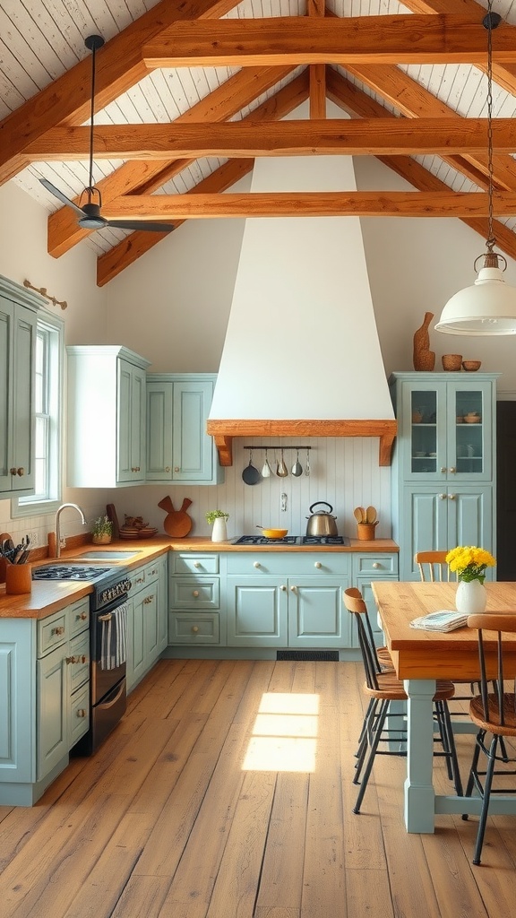 A farmhouse style kitchen featuring light blue cabinets and wooden accents.