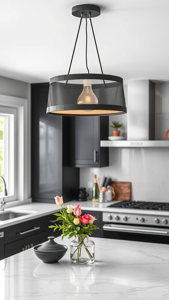 Modern black pendant lights over a kitchen island in a black and white kitchen