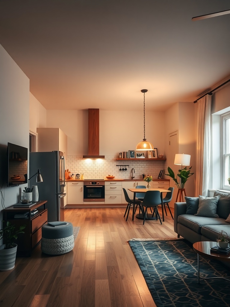 A cozy small open concept kitchen and living room with warm lighting.