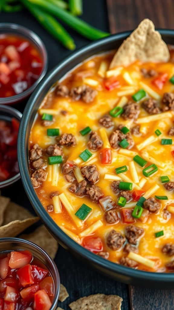 A bowl of loaded cowboy cheese dip with toppings and tortilla chips