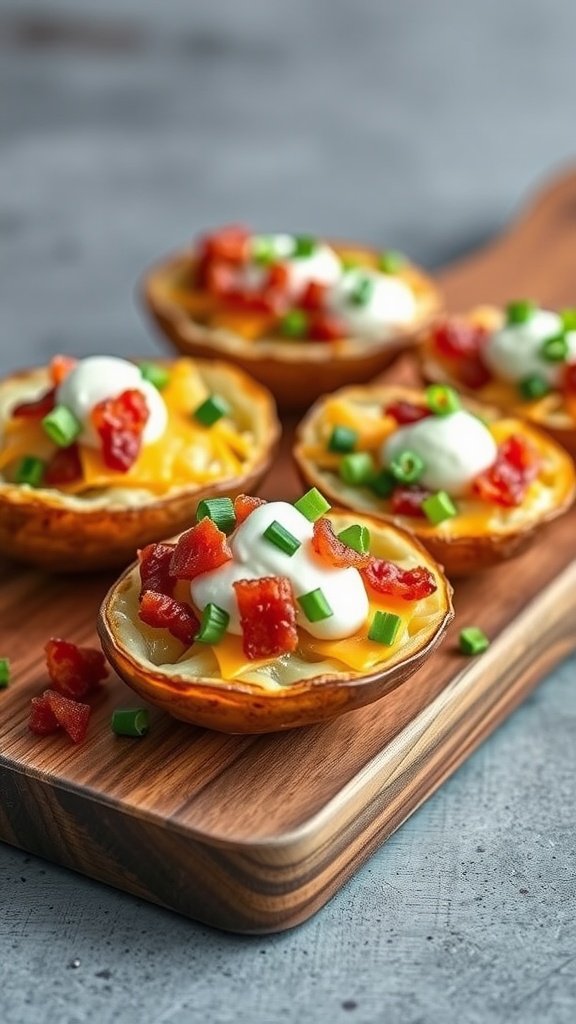 Delicious loaded potato skins topped with cheese, bacon, sour cream, and green onions on a wooden board.