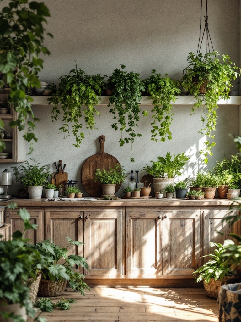 A beautifully styled kitchen with wooden cabinets and an abundance of green plants.