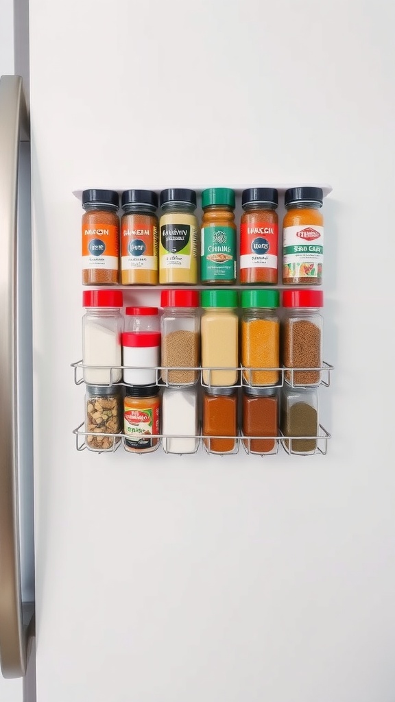 Magnetic spice rack with various jars on a refrigerator, organized for easy access.