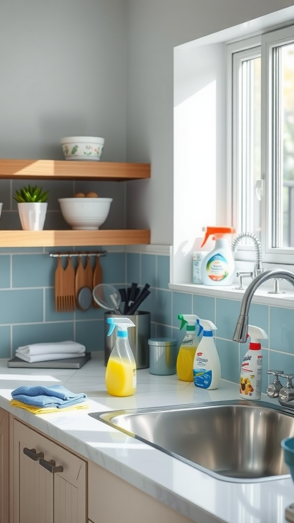 Clean kitchen with light blue backsplash and cleaning supplies on the counter