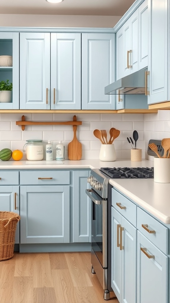 A bright and modern kitchen featuring light blue cabinets, a gas stove, and wooden accents.