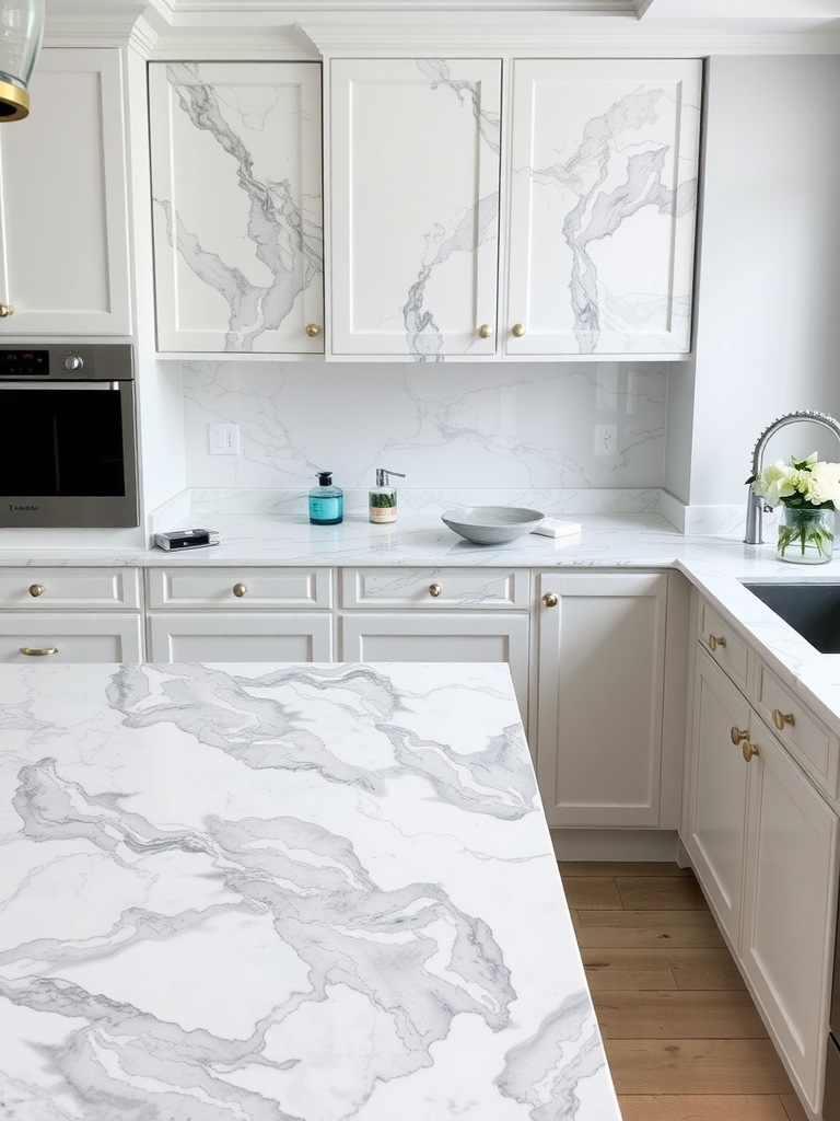 Modern kitchen with grey and white marble countertops and cabinetry.