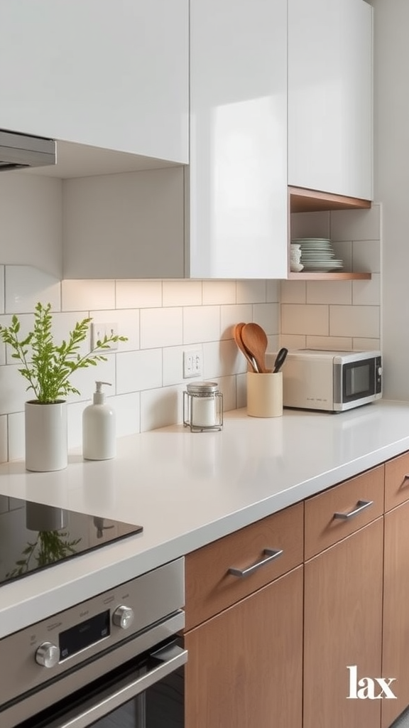 A minimalist kitchen with a clean counter, wooden utensils, and decorative plants.