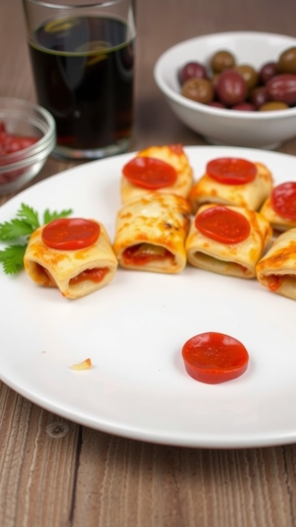 Mini pizza rolls on a plate with toppings