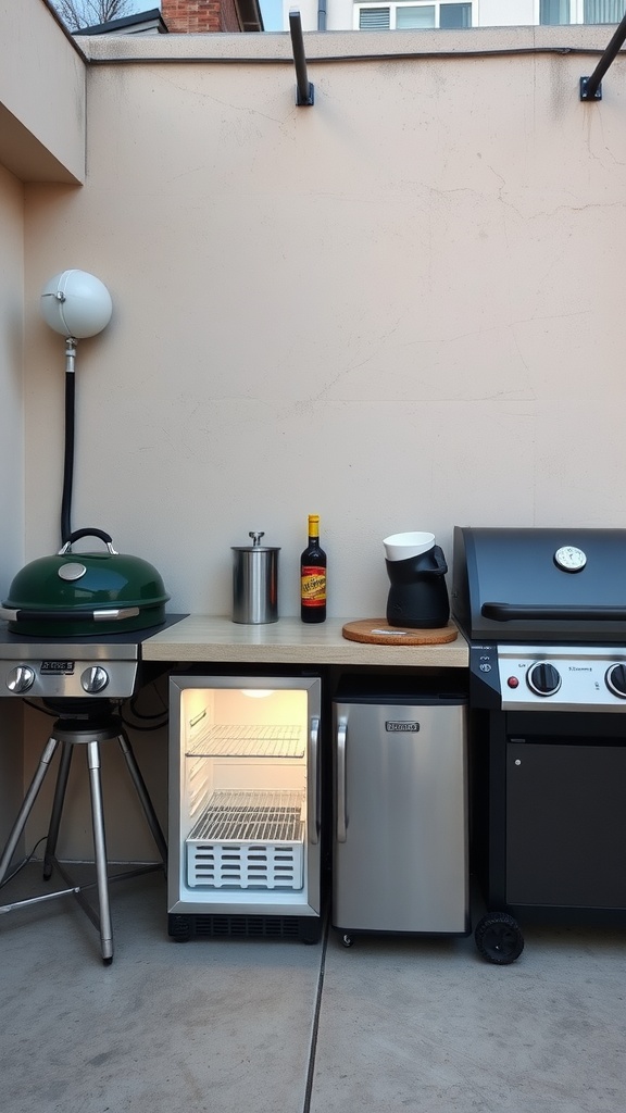 A compact outdoor kitchen featuring a mini refrigerator, grill, and accessories, showcasing a practical and stylish cooking space.