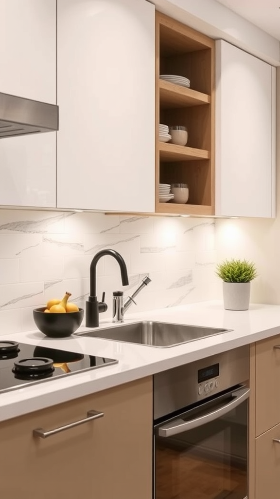 A minimalist kitchen with a white backsplash, modern sink, and subtle plant decor.