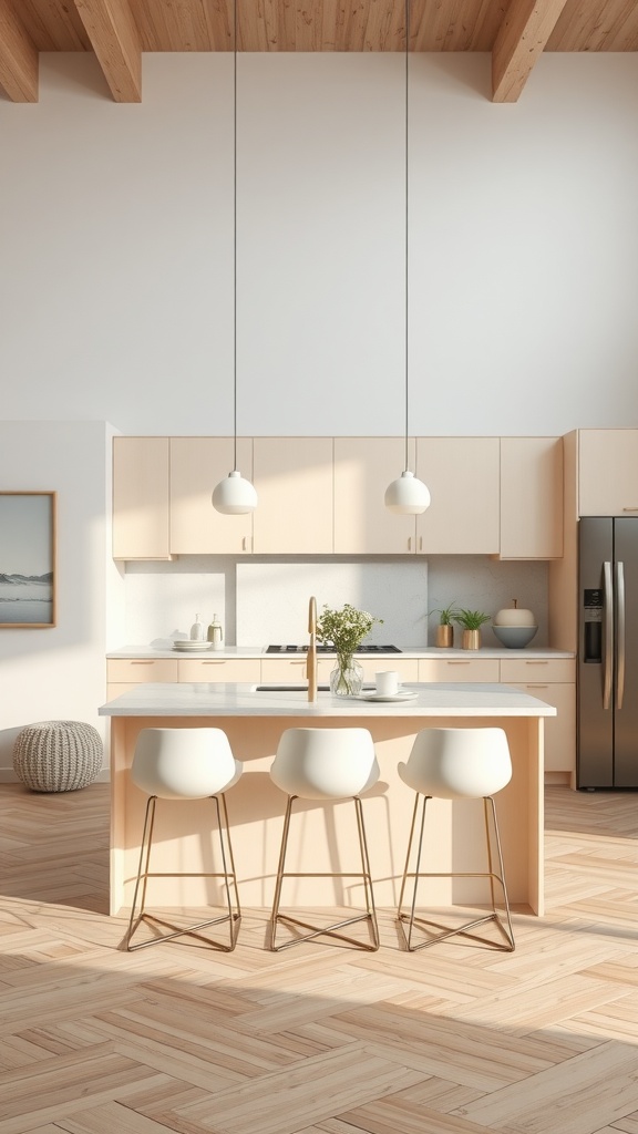 A minimalist beige kitchen featuring a central island with white bar stools and pendant lighting.