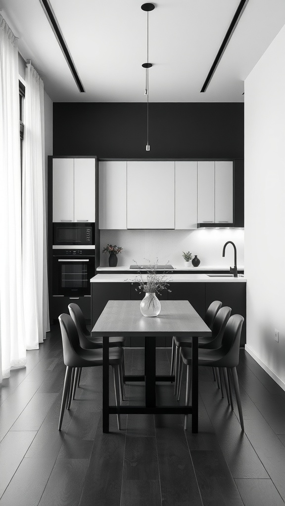 A minimalist black and white kitchen with a dining area, featuring sleek cabinetry, a wooden table, and elegant decor.