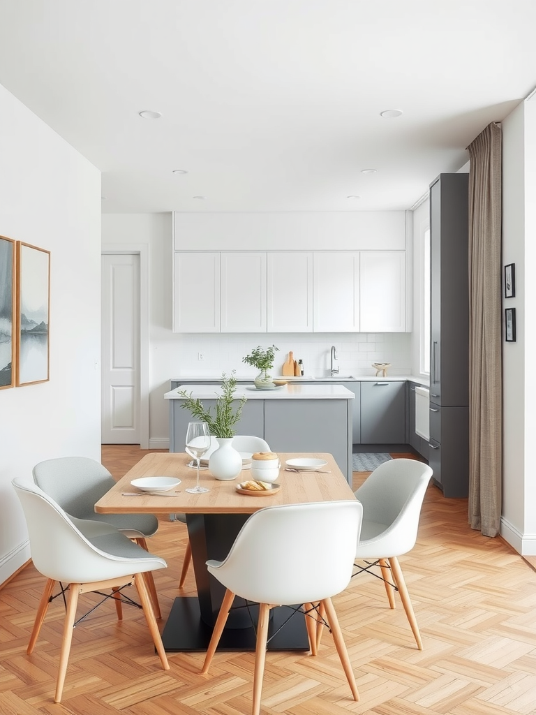 Modern minimalist dining area featuring grey and white theme, round wooden table, stylish chairs, and sleek cabinetry.