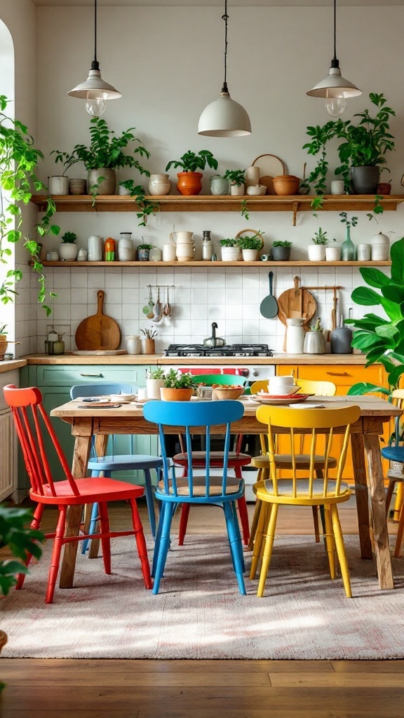 A kitchen with mismatched colorful chairs around a wooden table, bright plants, and light fixtures.