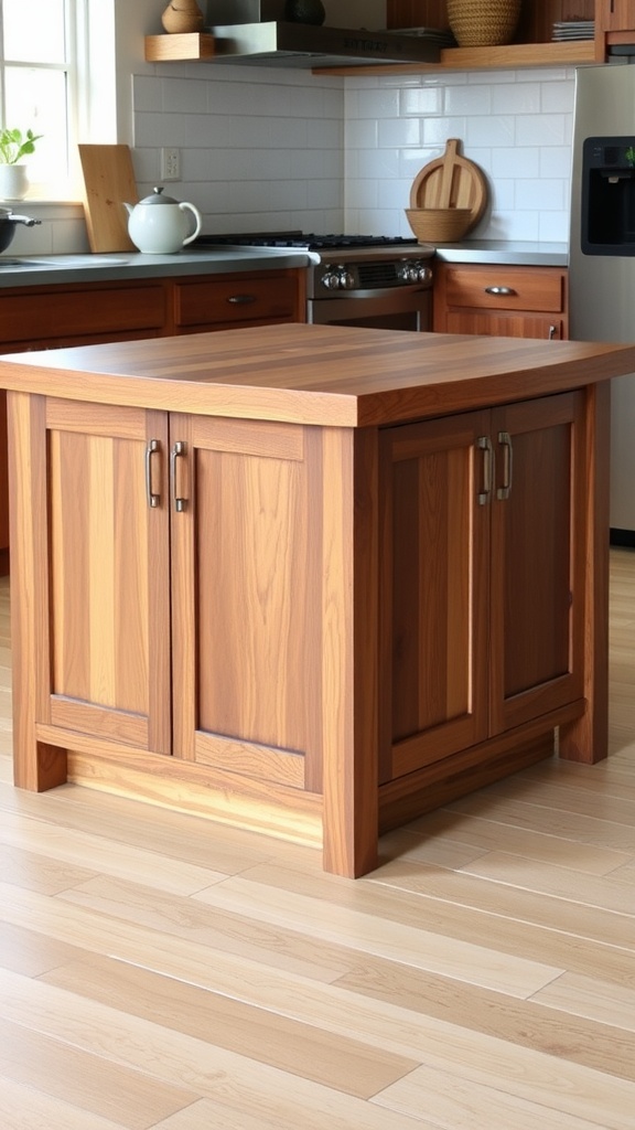 A farmhouse kitchen island made of rich wood, showcasing its natural grain and color variations.