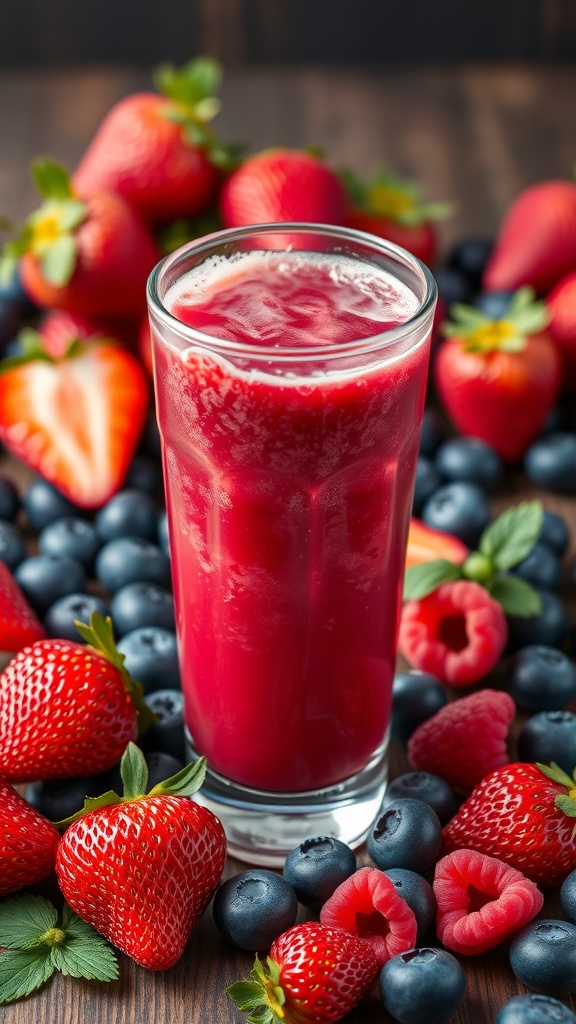 A refreshing glass of mixed berry juice surrounded by fresh strawberries, blueberries, and raspberries.