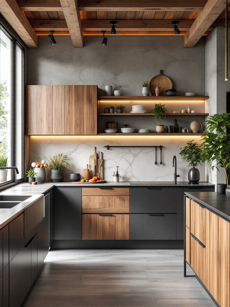 A modern kitchen featuring a combination of wood and black cabinets, with open shelves and decorative plants.