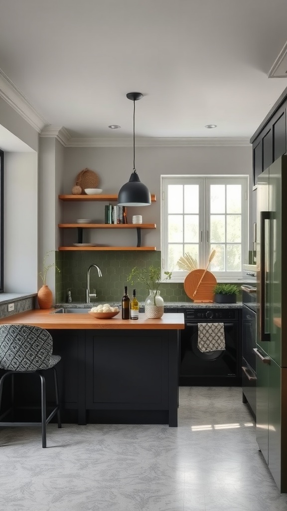 A modern olive green kitchen featuring black countertops, patterned chair, and stylish decor.