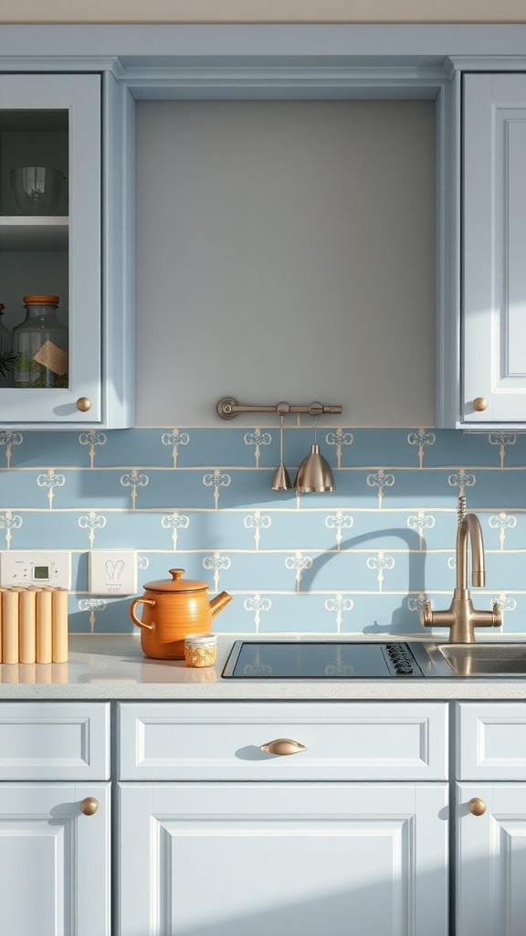 A bright kitchen featuring a light blue backsplash with a delicate pattern, complemented by light blue cabinetry and earthy orange accessories.