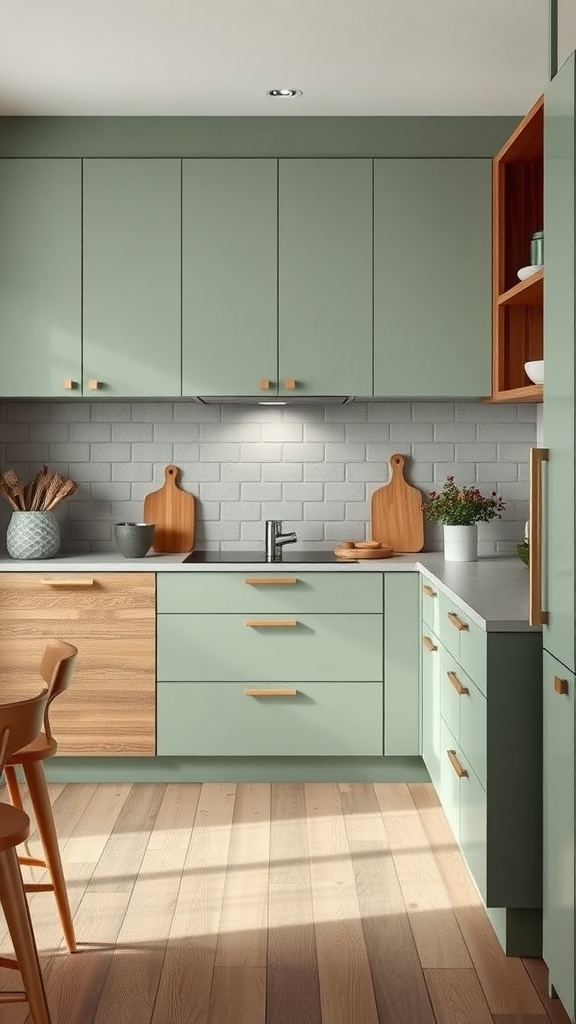 Stylish kitchen featuring sage green cabinets and smooth wood finishes