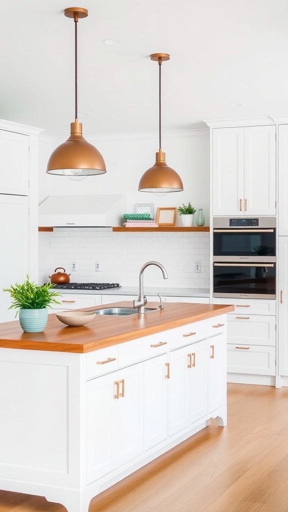 A modern farmhouse kitchen featuring a white island with a wood countertop, pendant lights, and white cabinetry.