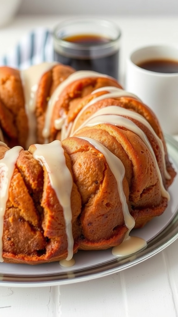 Delicious monkey bread drizzled with icing on a serving plate.