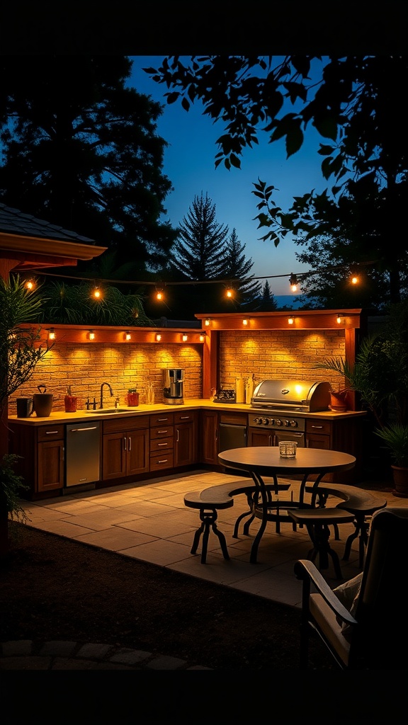 An outdoor kitchen illuminated with warm mood lighting, featuring a grill, stone countertops, and a dining table.