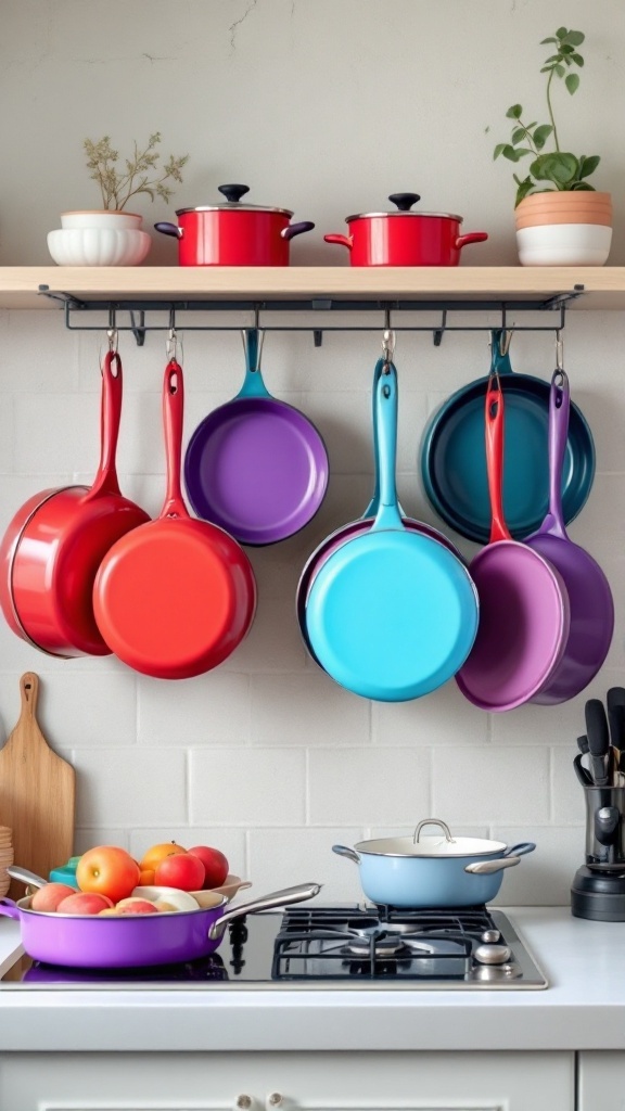 A colorful display of cookware including red pots, turquoise, purple, and blue pans hanging above a stove with fresh apples in a bowl.