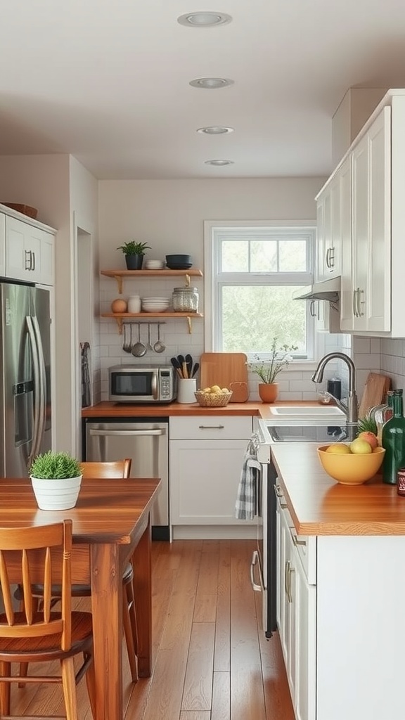 A multifunctional kitchen featuring natural materials, a wooden dining table, white cabinets, and open shelving.