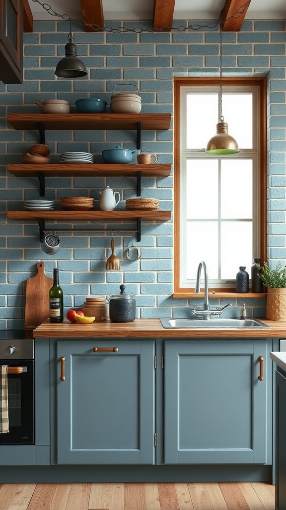 A kitchen featuring muted denim blue brick tiles, wooden shelves, and a cozy ambiance.