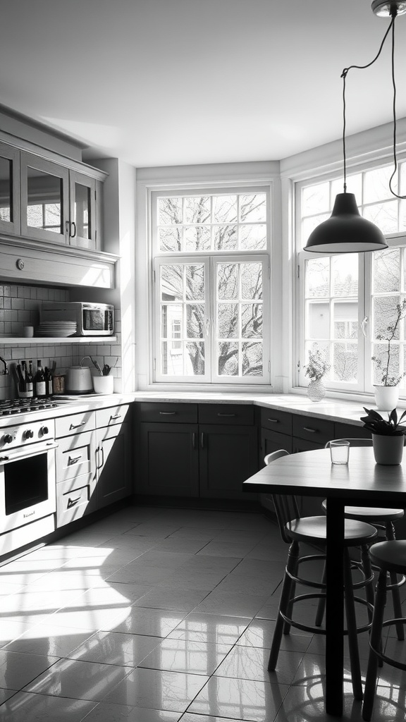 Black and white modern kitchen with large windows allowing natural light to enhance the space.