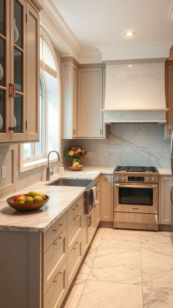 A modern kitchen featuring natural stone, warm wood cabinetry, and elegant lighting.