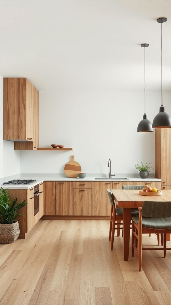 A minimalist kitchen with wooden cabinets, sleek countertops, and a dining table, featuring natural textures and decor.