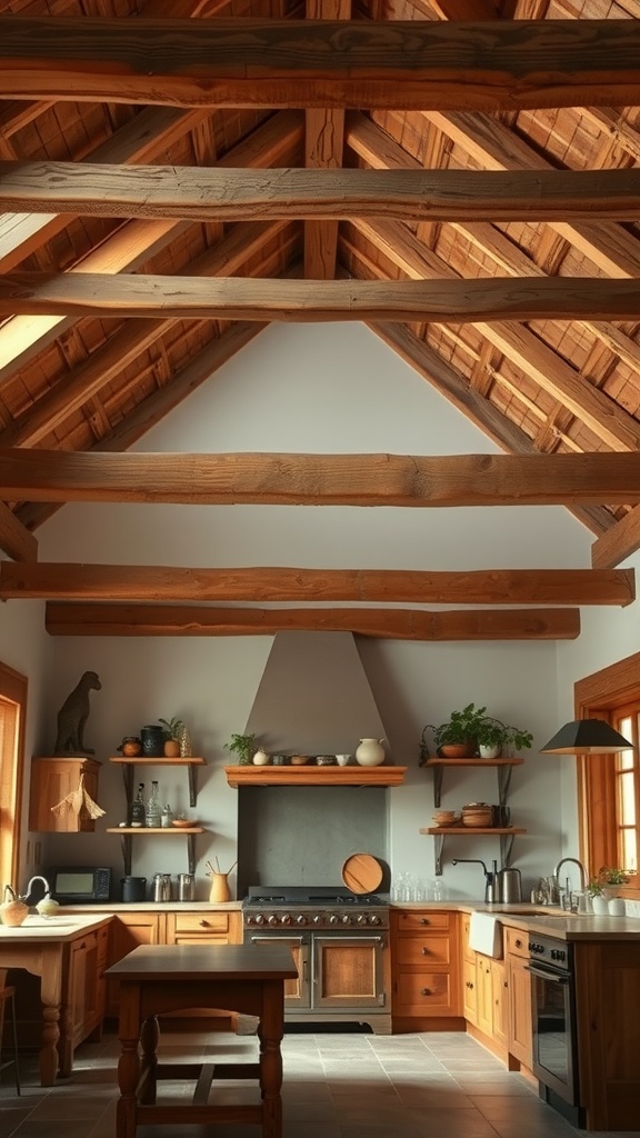 Cottage style kitchen with natural wood beams and ceilings, showcasing warm wood tones and rustic charm.