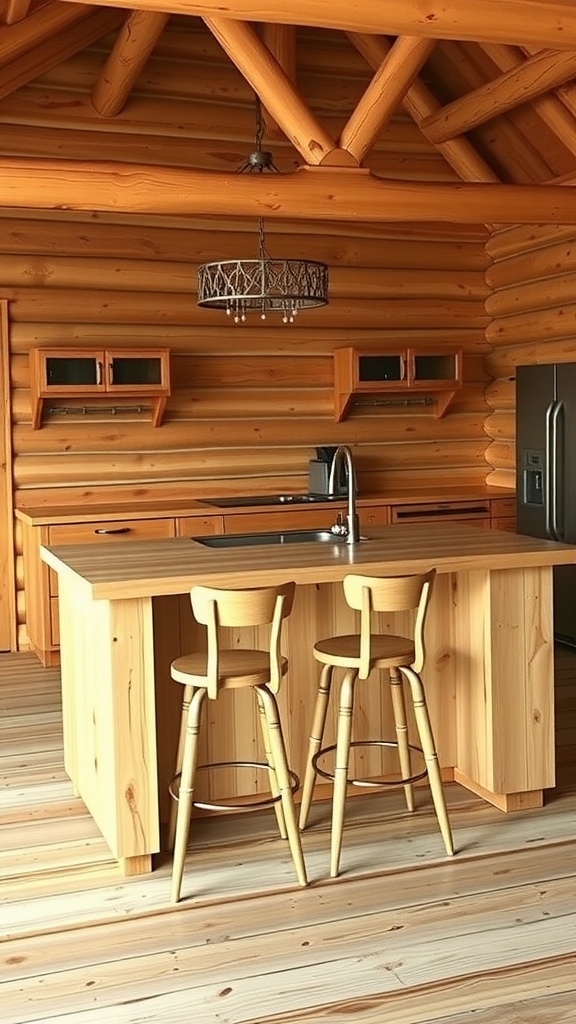 A log cabin kitchen featuring a natural wood island with bar stools, highlighting a cozy and rustic design.