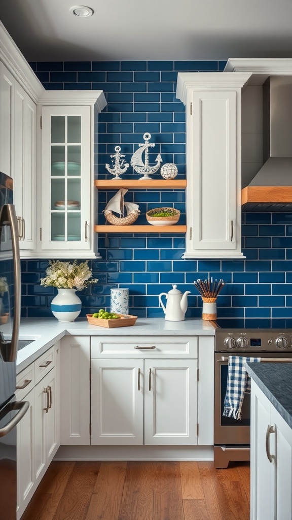 Kitchen featuring blue subway tiles as backsplash with white cabinets and nautical decor.