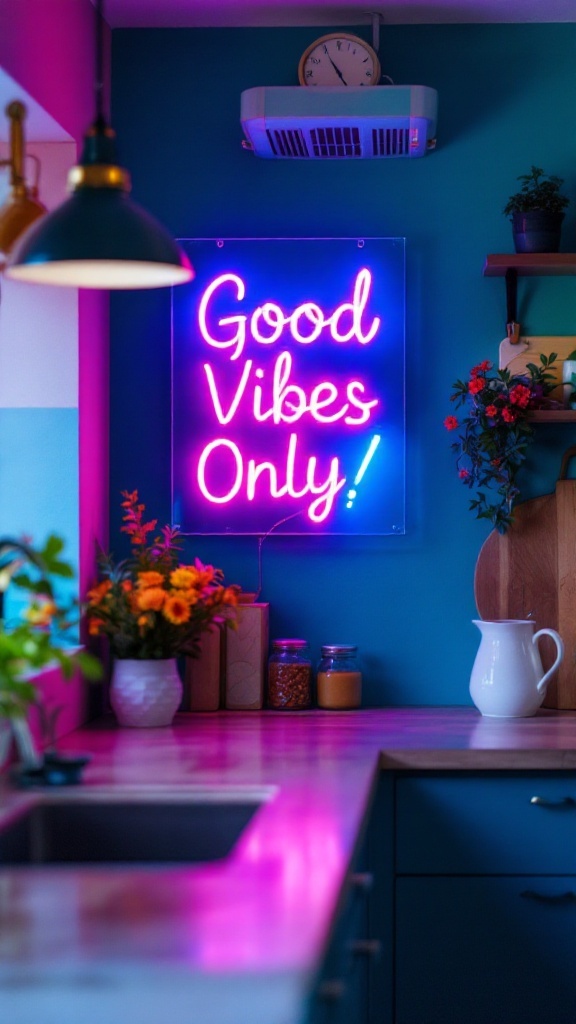 A colorful kitchen featuring a neon sign that says 'Good Vibes Only!' against a blue wall.