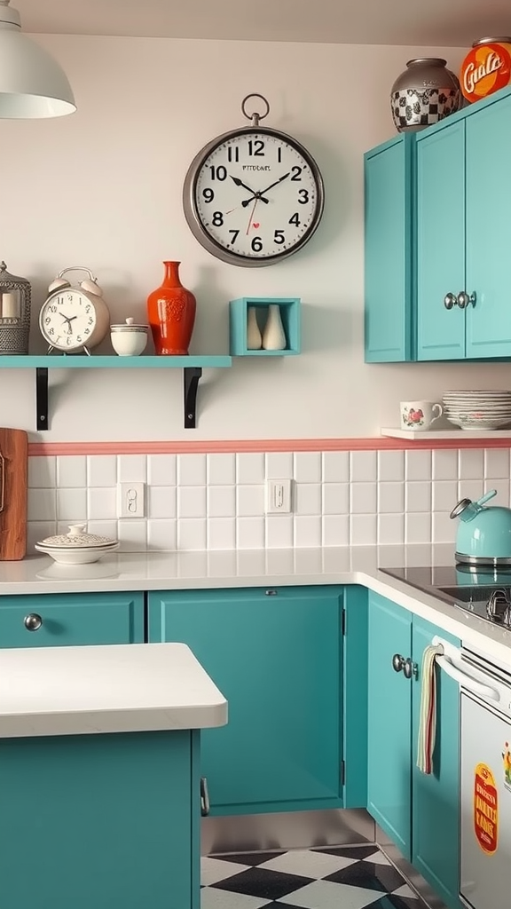 A 1950s style kitchen featuring large wall clocks and colorful decor, showcasing retro design elements.