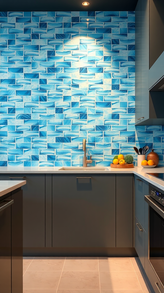 A kitchen backsplash featuring blue mosaic tiles arranged in a wave pattern.